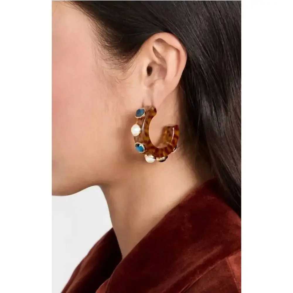 Lele Sadoughi Tortoiseshell Hoop Earrings with Blue Stones and Pearls